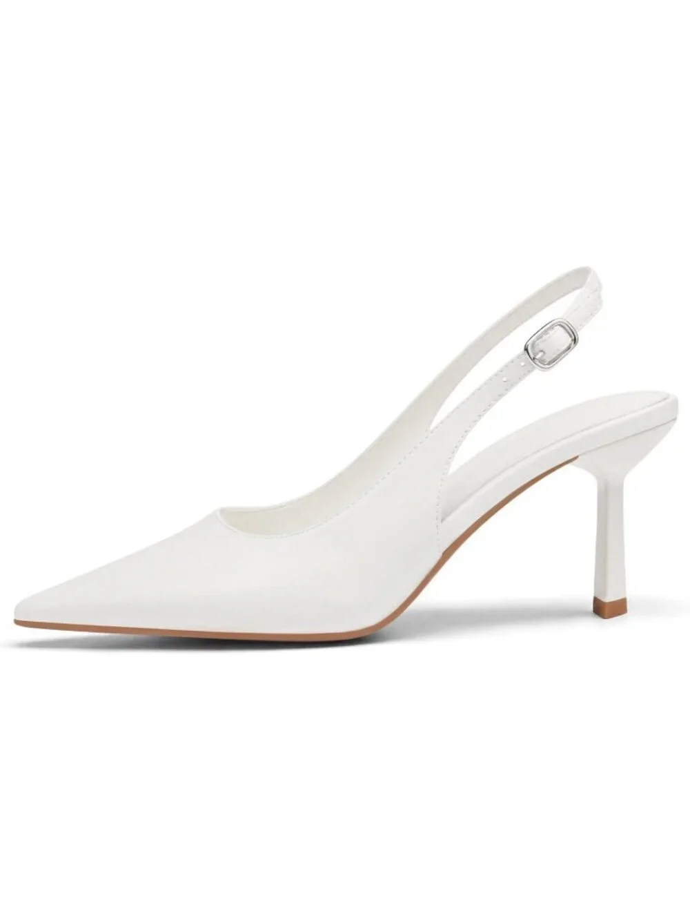 Women's White PU Rubber Slingback Kitten Heels Closed Pointed Toe Buckle Pumps